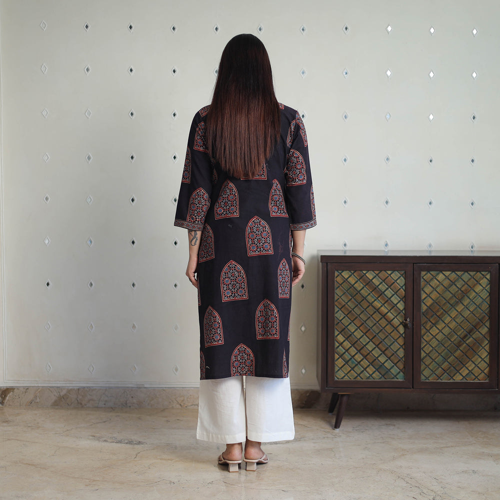 Black - Block Printed Cotton Straight Ajrakh Kurta 36