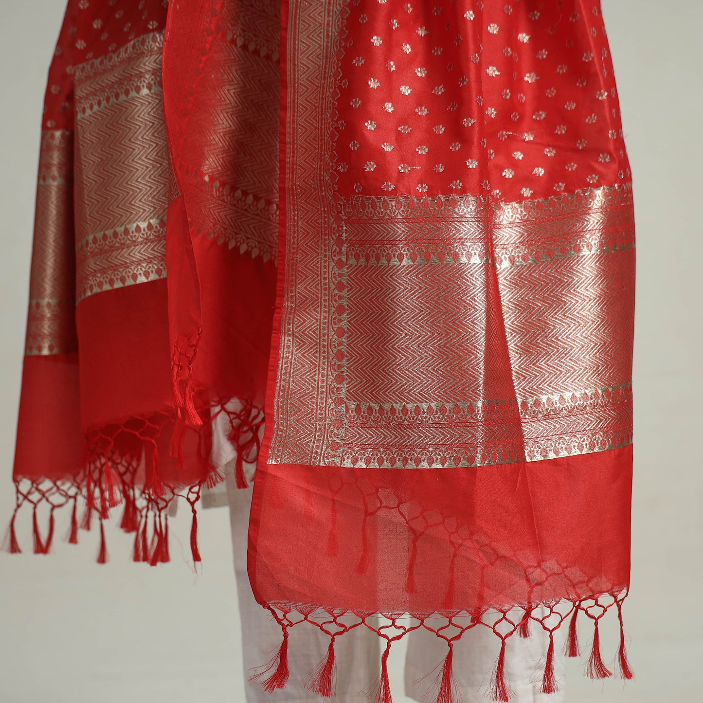 Red - Banarasi Semi Silk Zari Jaal Dupatta with Tassels 43