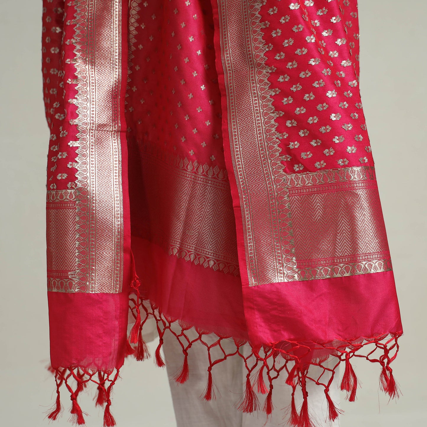 Pink - Banarasi Semi Silk Zari Jaal Dupatta with Tassels 44