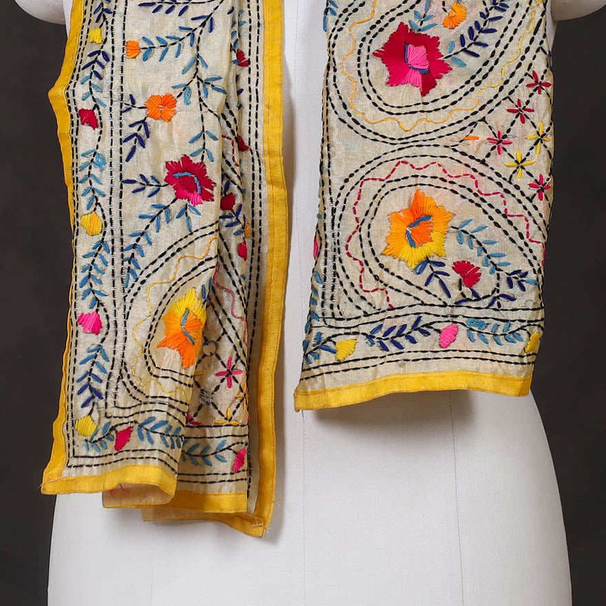 Yellow Ranihati Chanderi Silk Hand Embroidered Stole
