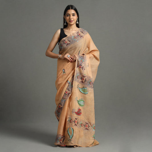 Brown - Bengal Kantha Hand Embroidery Kota Doria Cotton Saree