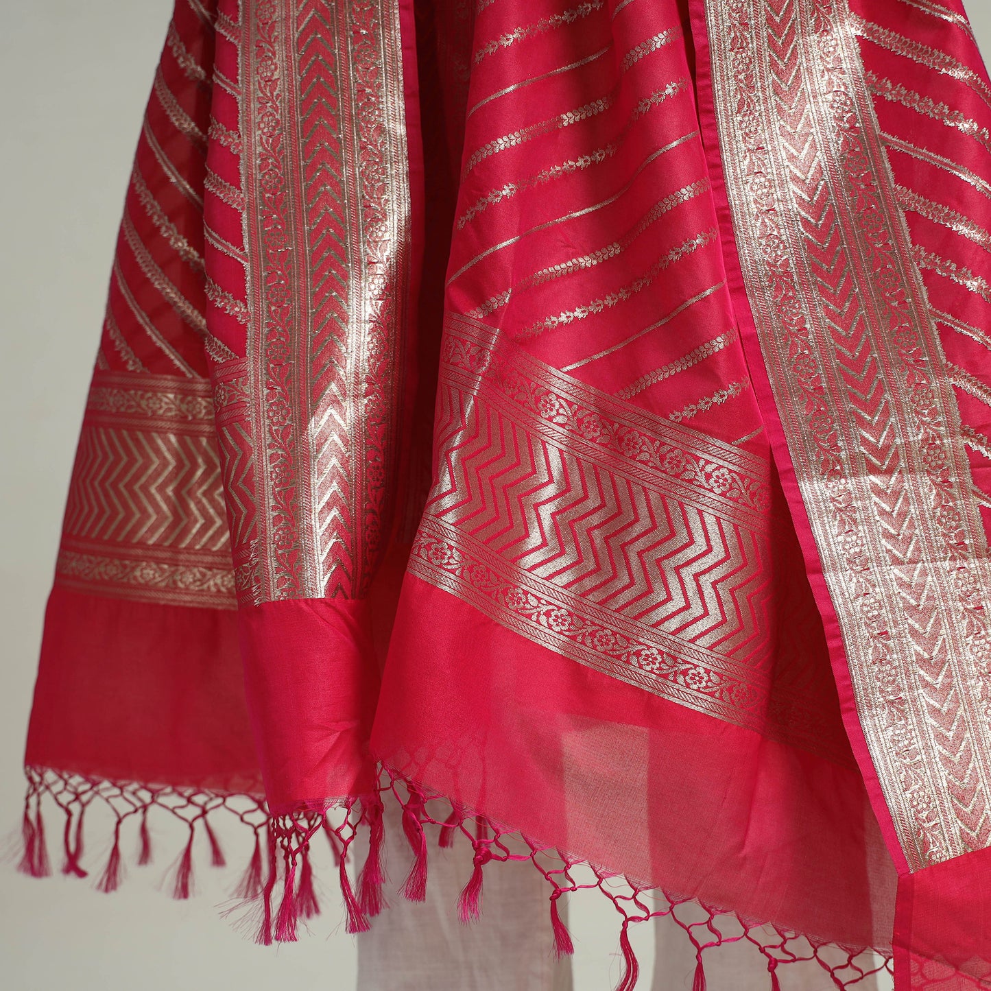 Pink - Banarasi Semi Silk Zari Jaal Dupatta with Tassels 46