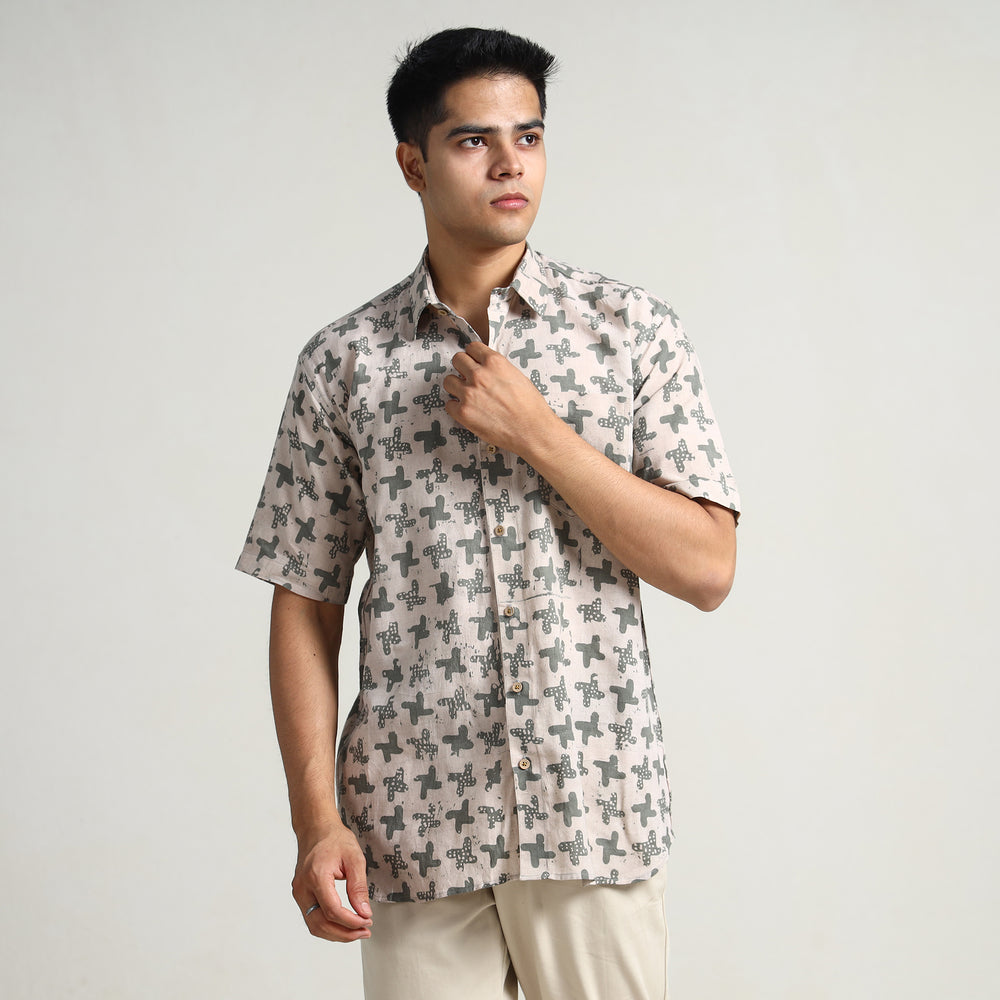 Beige - Hand Batik Printed Cotton Men Half Sleeve Shirt 01