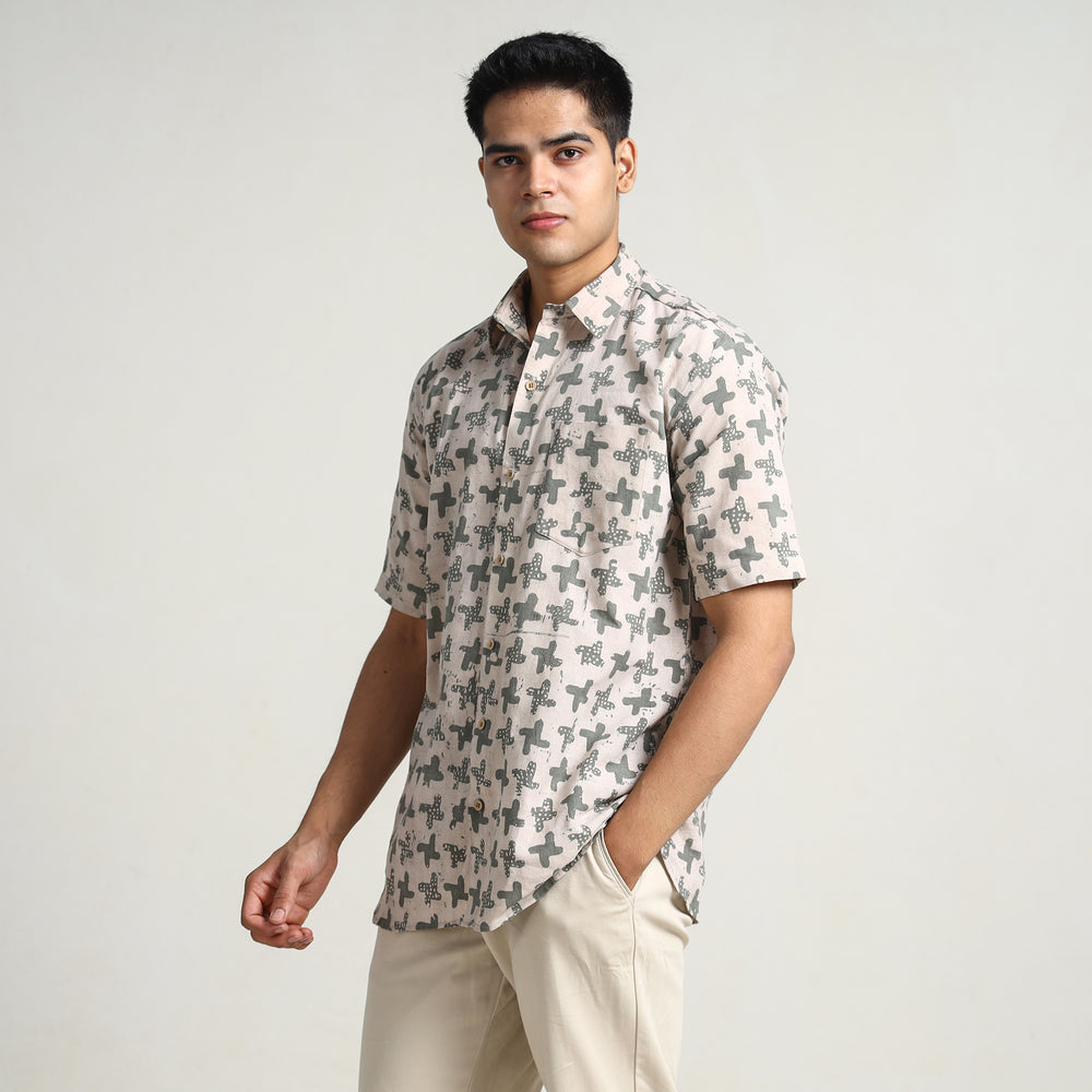 Beige - Hand Batik Printed Cotton Men Half Sleeve Shirt 01