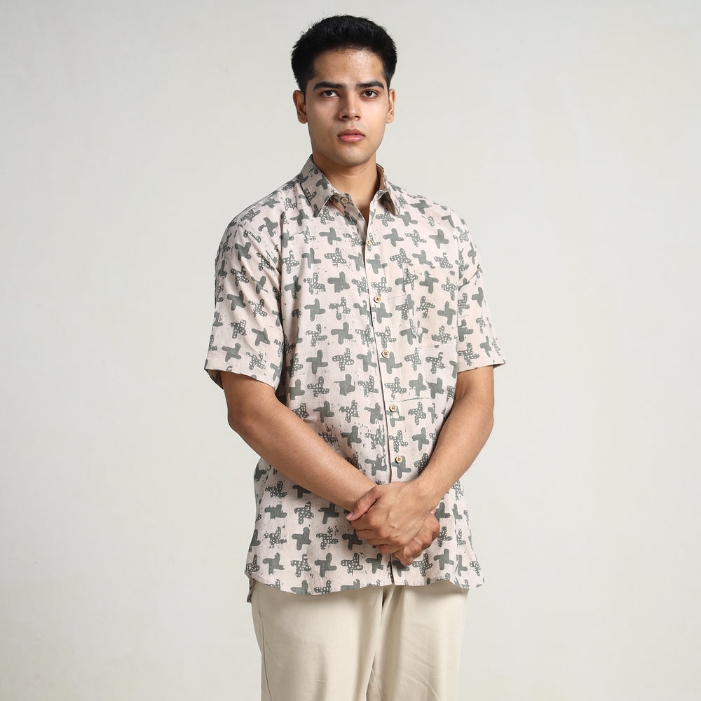 Beige - Hand Batik Printed Cotton Men Half Sleeve Shirt 01