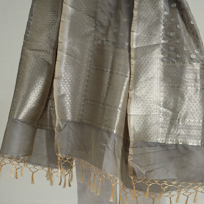 Grey - Banarasi Semi Silk Zari Jaal Dupatta with Tassels 47