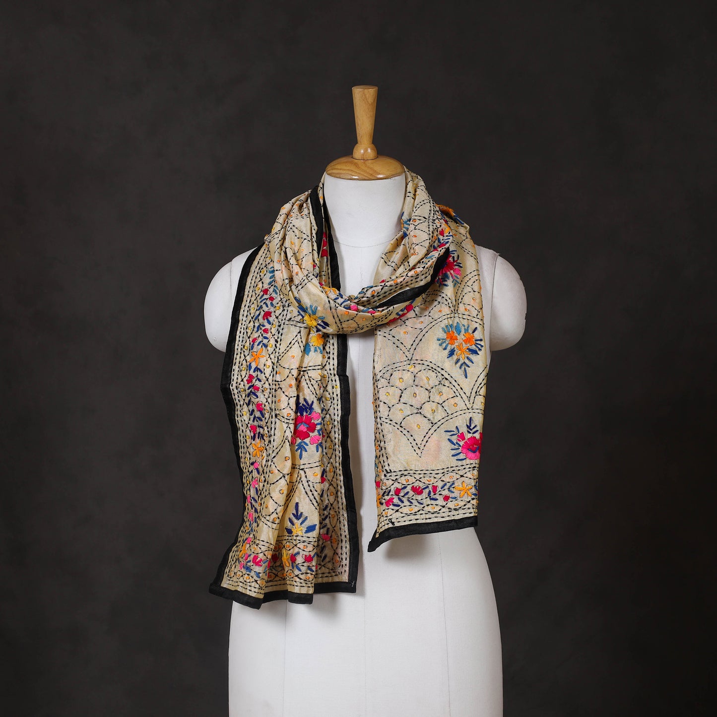 Black - ranihati chanderi silk hand embroidered stole 35