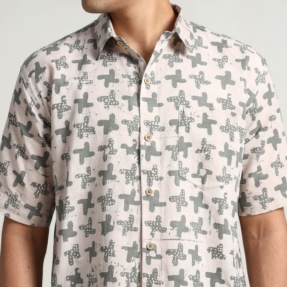 Beige - Hand Batik Printed Cotton Men Half Sleeve Shirt 01