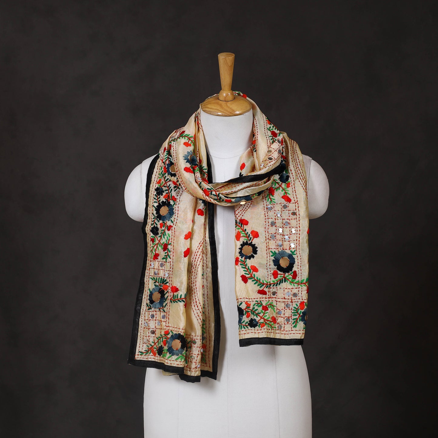 Black - ranihati chanderi silk hand embroidered stole 36