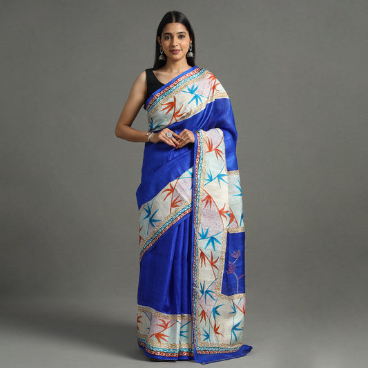 Blue - Bengal Kantha Hand Embroidery Block Printed Tussar Silk Handloom Saree