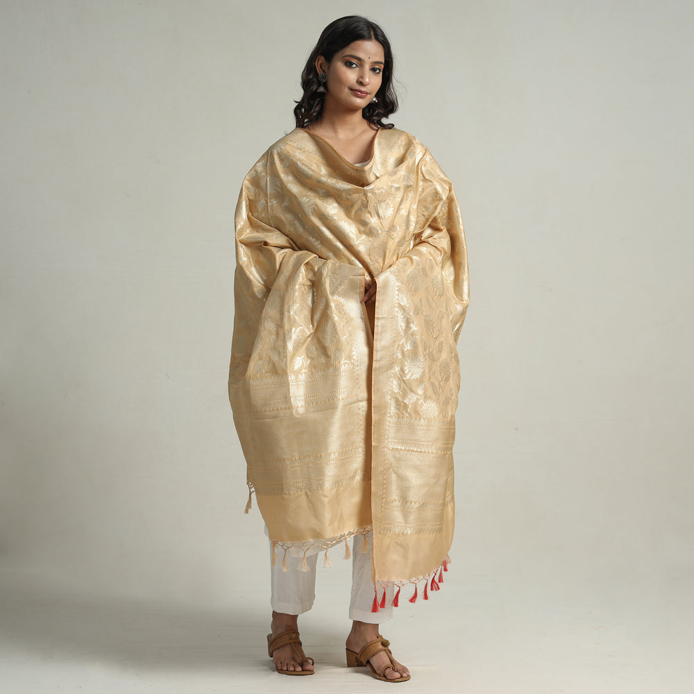 Beige - Banarasi Semi Silk Zari Jaal Dupatta with Tassels 51