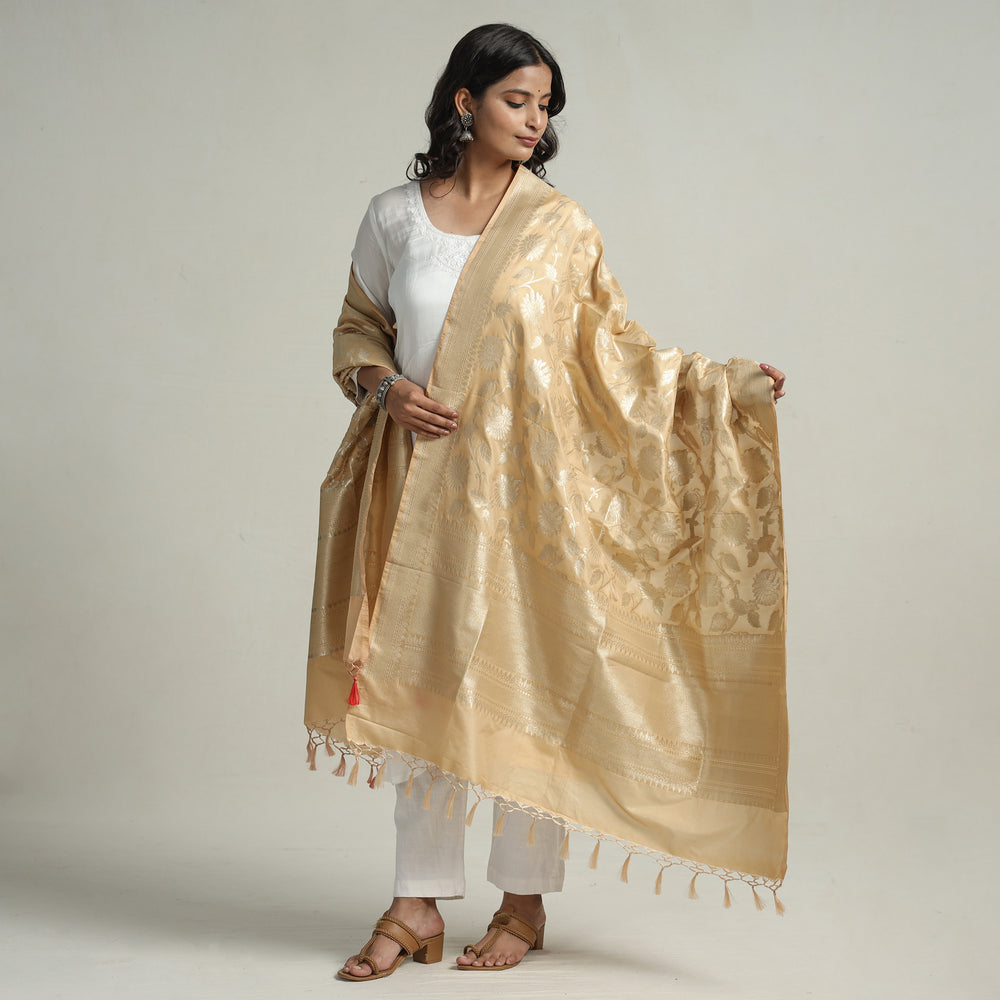 Beige - Banarasi Semi Silk Zari Jaal Dupatta with Tassels 51