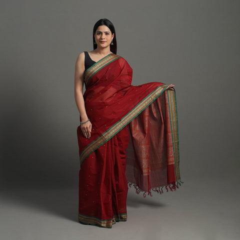 Red - Handloom Cotton Thread Border Kanchipuram Saree 02