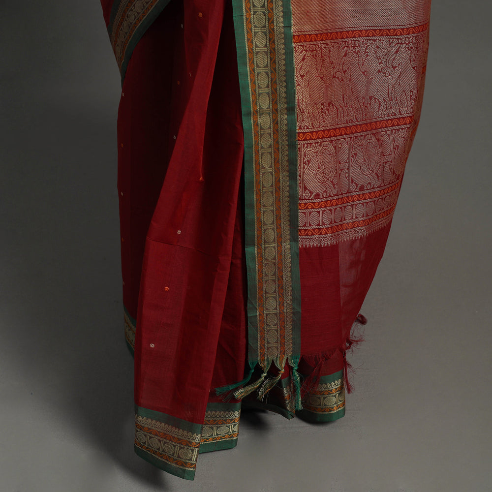 Red - Handloom Cotton Thread Border Kanchipuram Saree 02