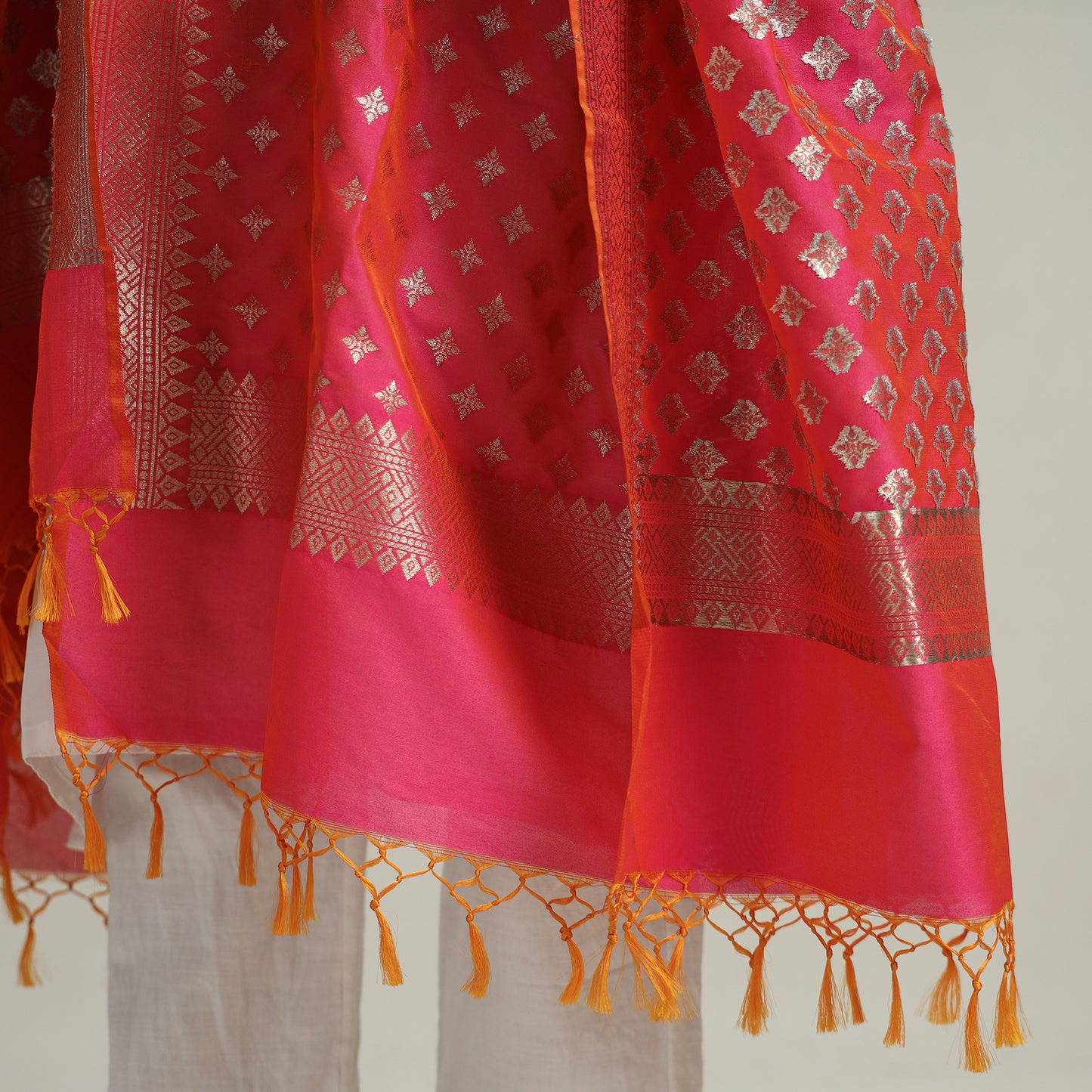 Pink - Banarasi Semi Silk Zari Jaal Dupatta with Tassels 52