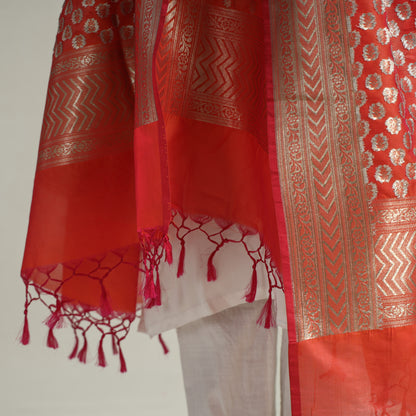 Red - Banarasi Semi Silk Zari Jaal Dupatta with Tassels 53