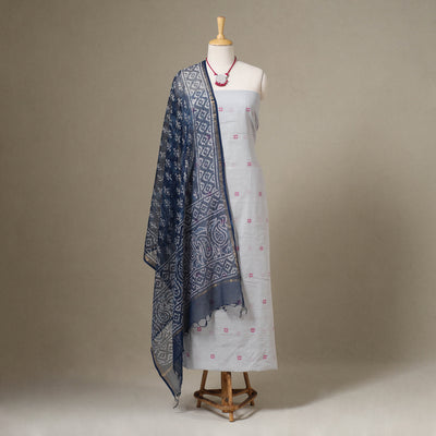 Grey Jamdani Cotton Dress Material with Jewellery Set