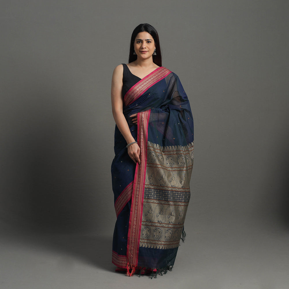 Blue - Handloom Cotton Thread Border Kanchipuram Saree 04