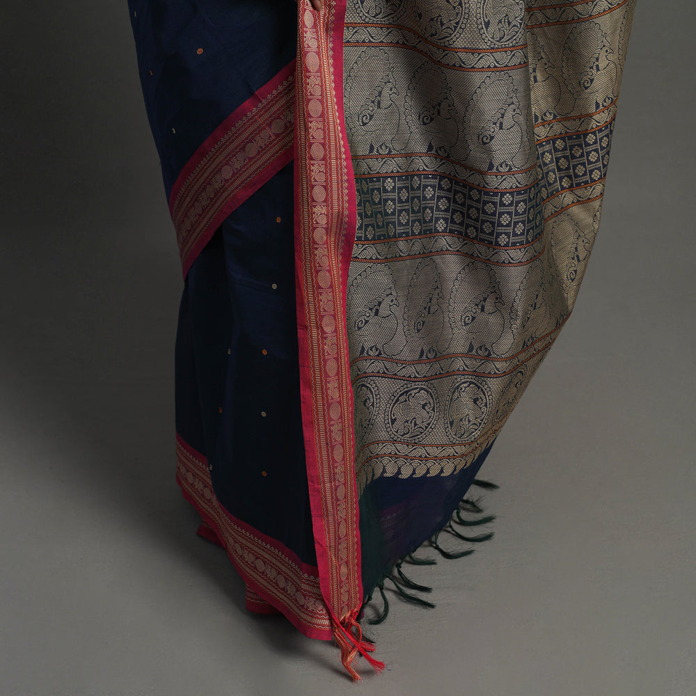 Blue - Handloom Cotton Thread Border Kanchipuram Saree 04