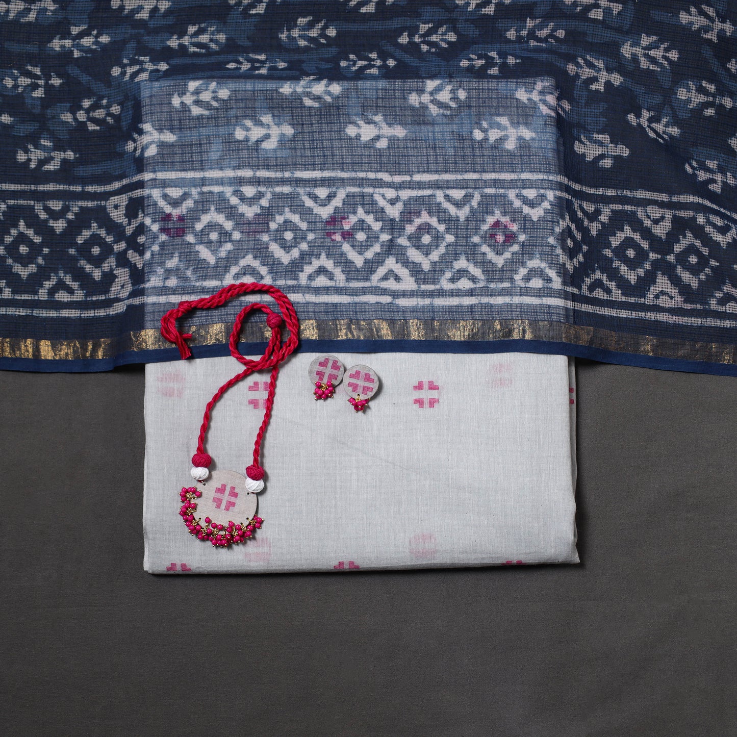 Grey Jamdani Cotton Dress Material with Jewellery Set