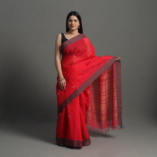 Red - Handloom Cotton Thread Buti Kanchipuram Saree 05