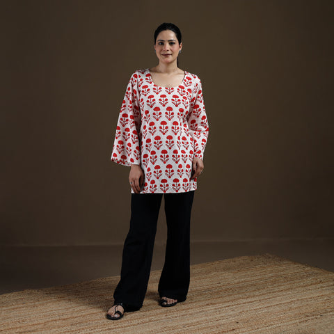 White - Sanganeri Hand Block Print Pure Mul Cotton Short Kurta for women 06