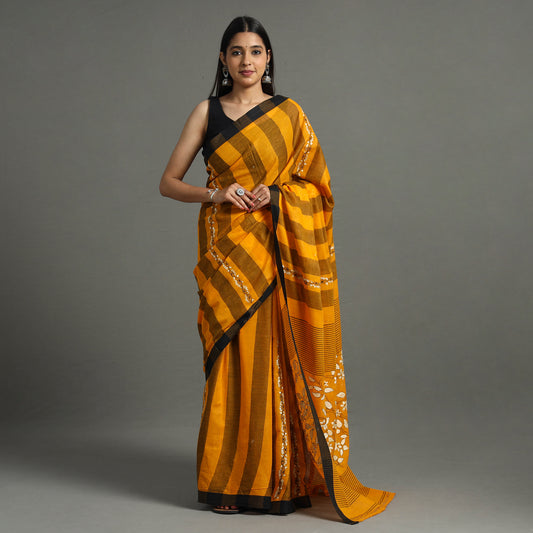 Orange - Bengal Kantha Hand Embroidery Cotton Handloom Saree