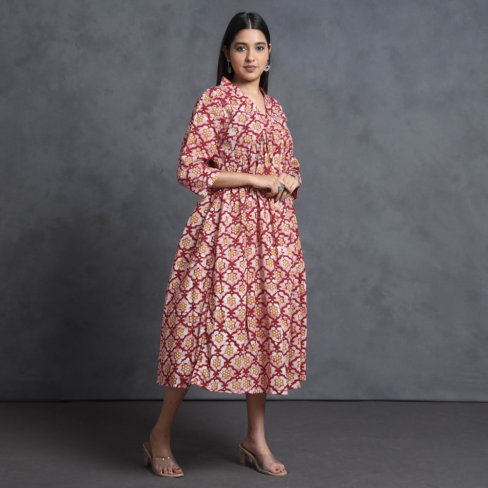 Pink - Hand Batik Printed Cotton Flared Gher Dress