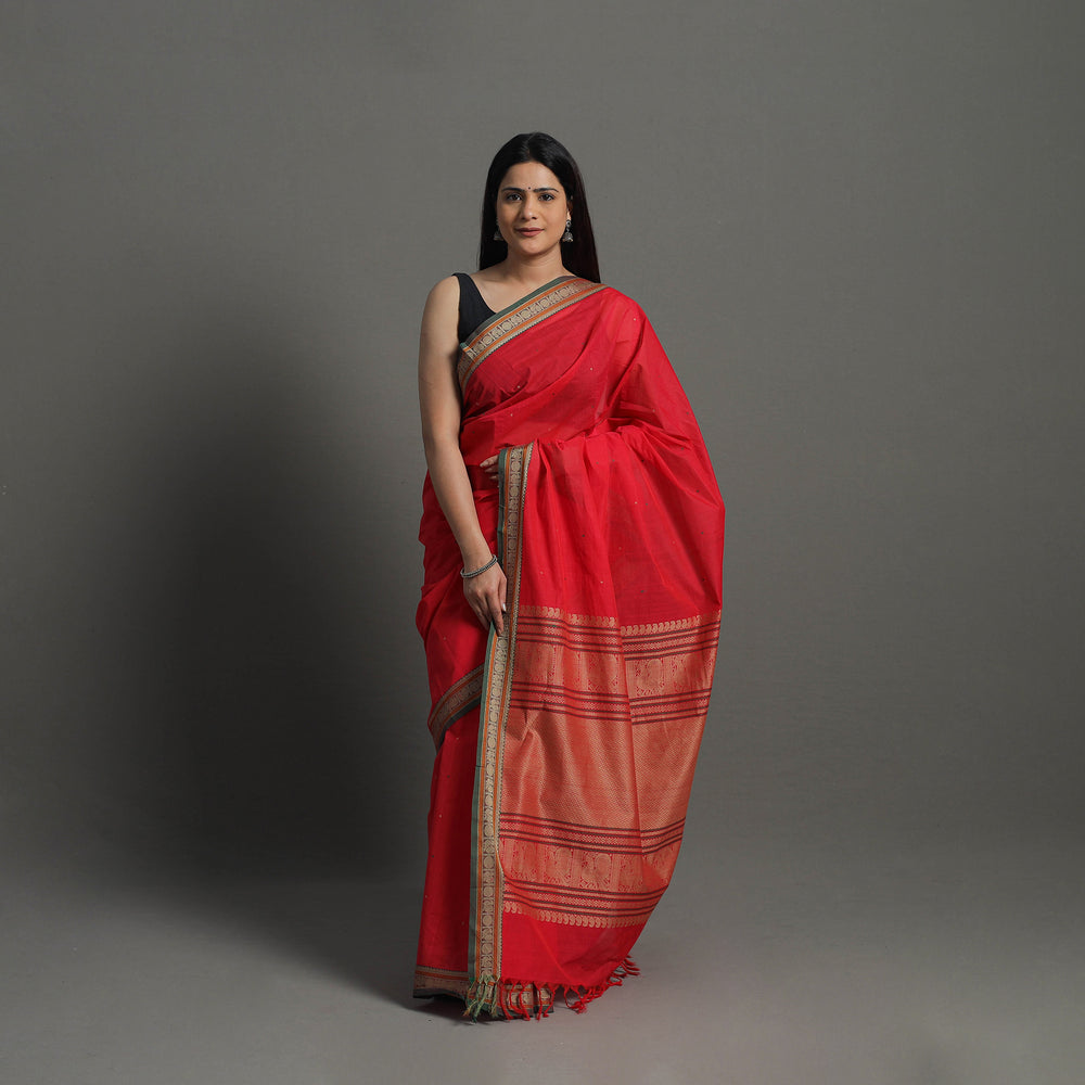 Red - Handloom Cotton Thread Border Kanchipuram Saree 07