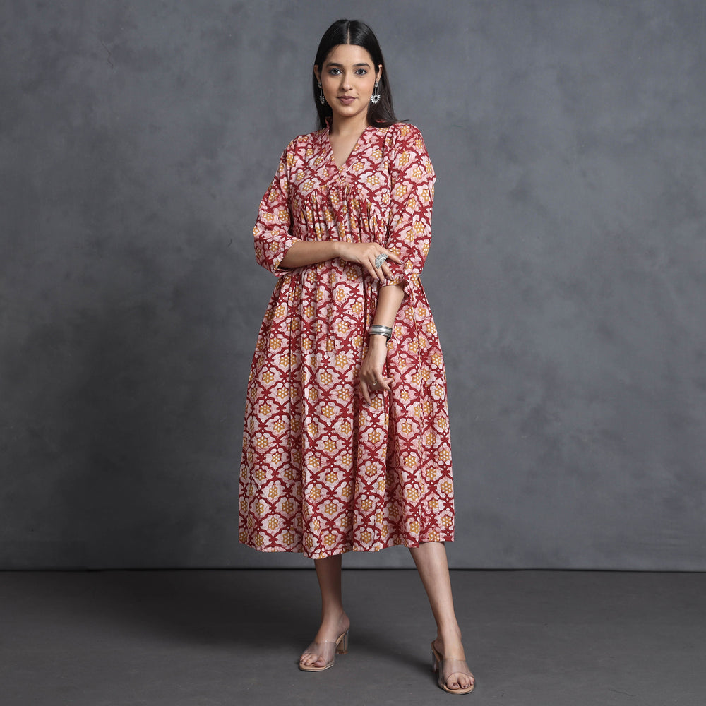 Pink - Hand Batik Printed Cotton Flared Gher Dress