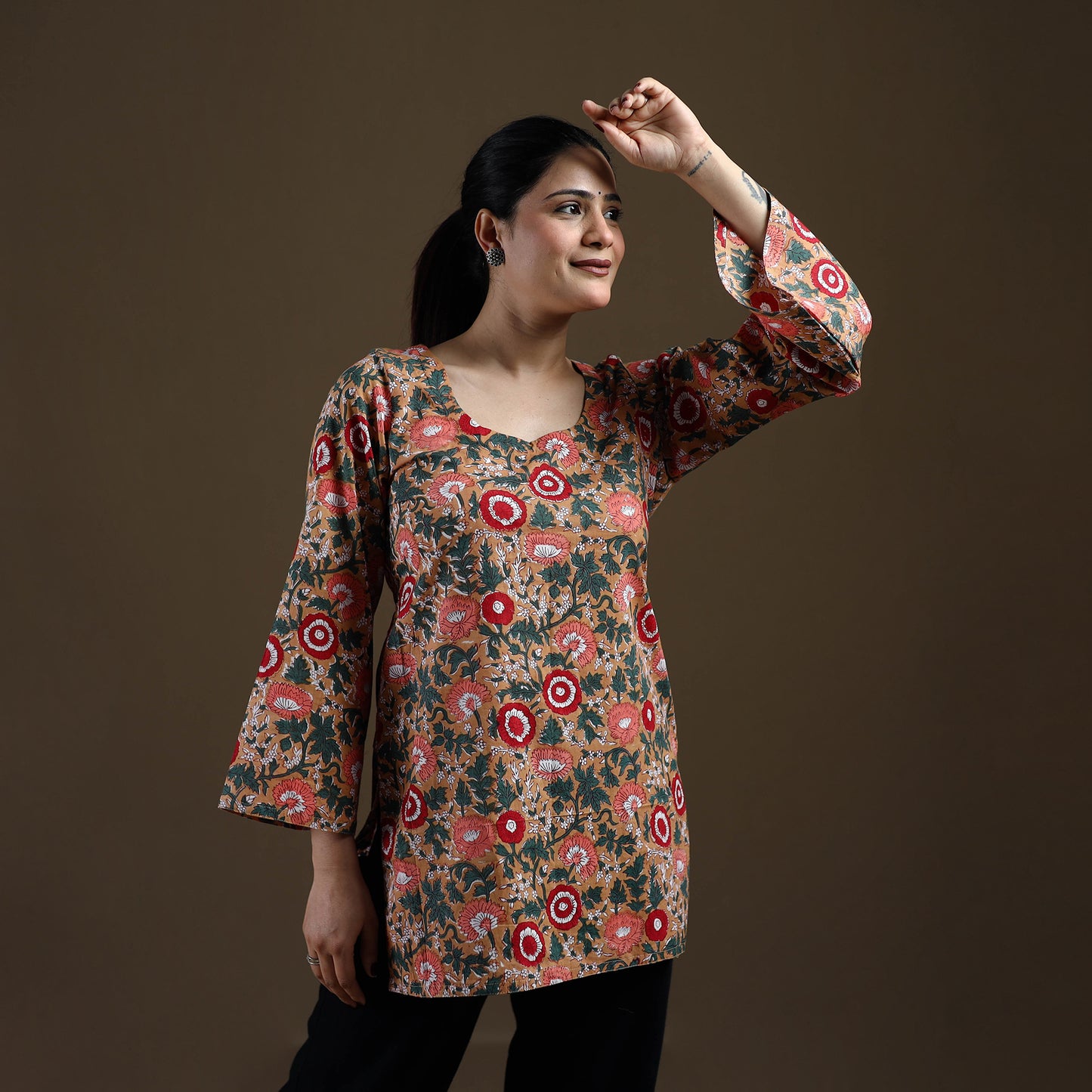 Brown - Sanganeri Hand Block Print Cotton Short Kurta for women 08