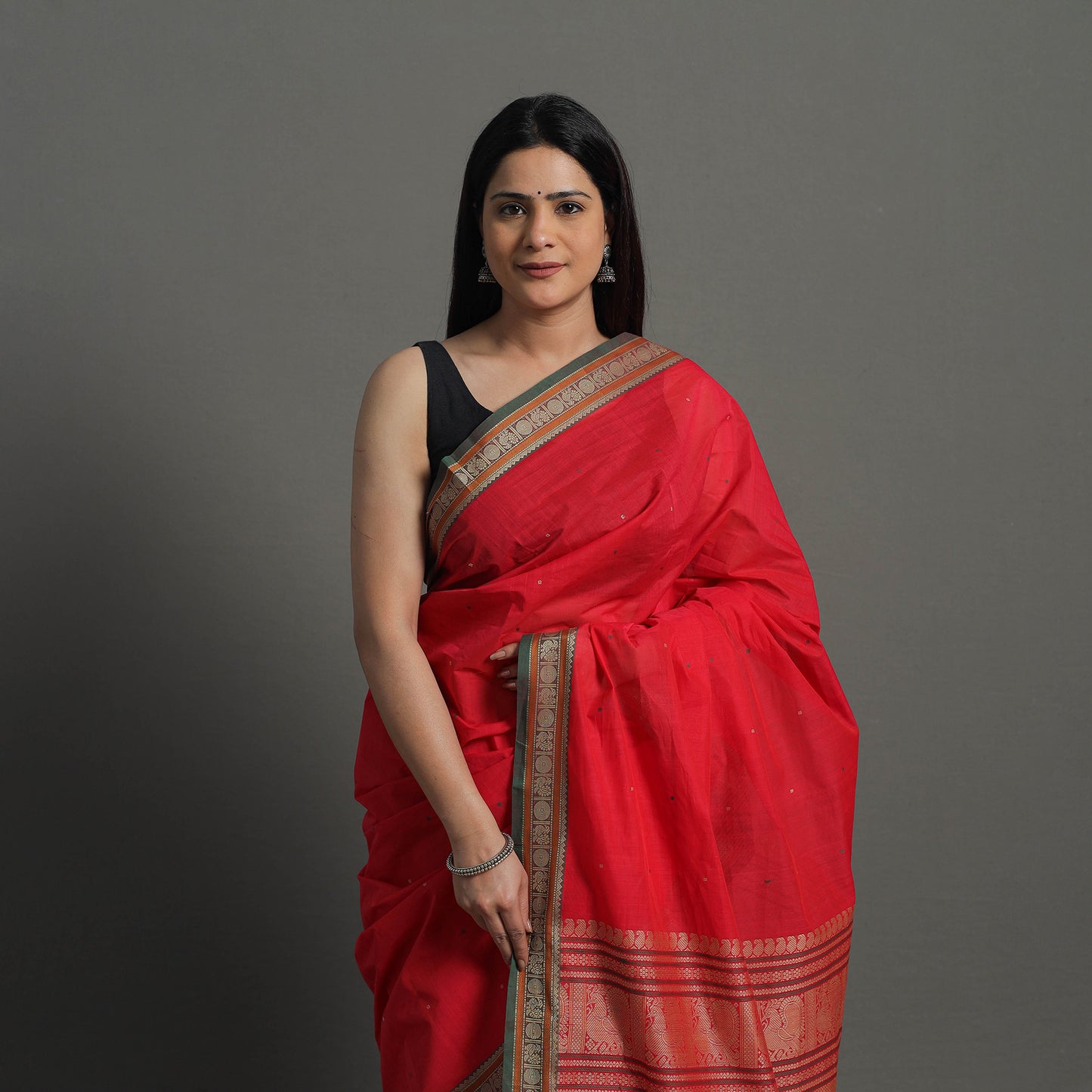 Red - Handloom Cotton Thread Border Kanchipuram Saree 07