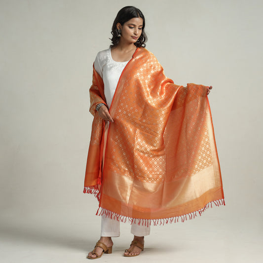 Orange - Banarasi Handloom Katan Silk Zari Buti Dupatta with Tassels 61