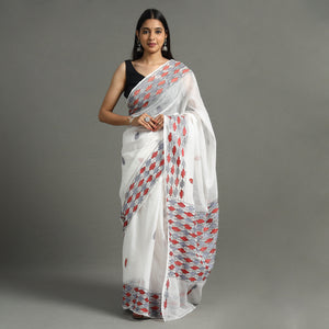 White - Bengal Kantha Hand Embroidery Kota Doria Cotton Saree