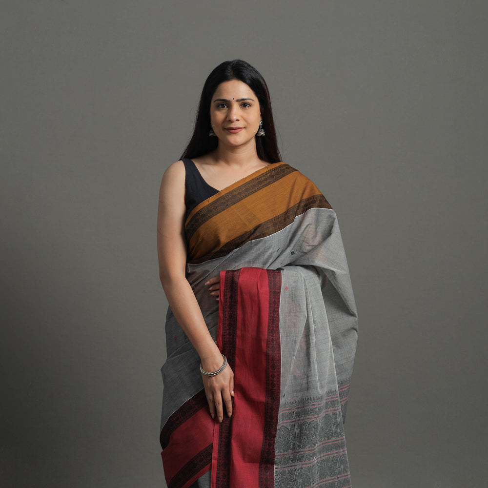 Grey - Handloom Cotton Thread Border Kanchipuram Saree 09