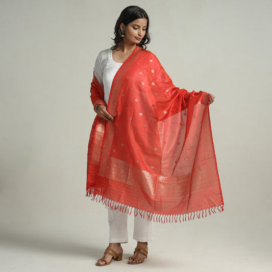 Red - Banarasi Handloom Katan Silk Zari Buti Dupatta with Tassels 62