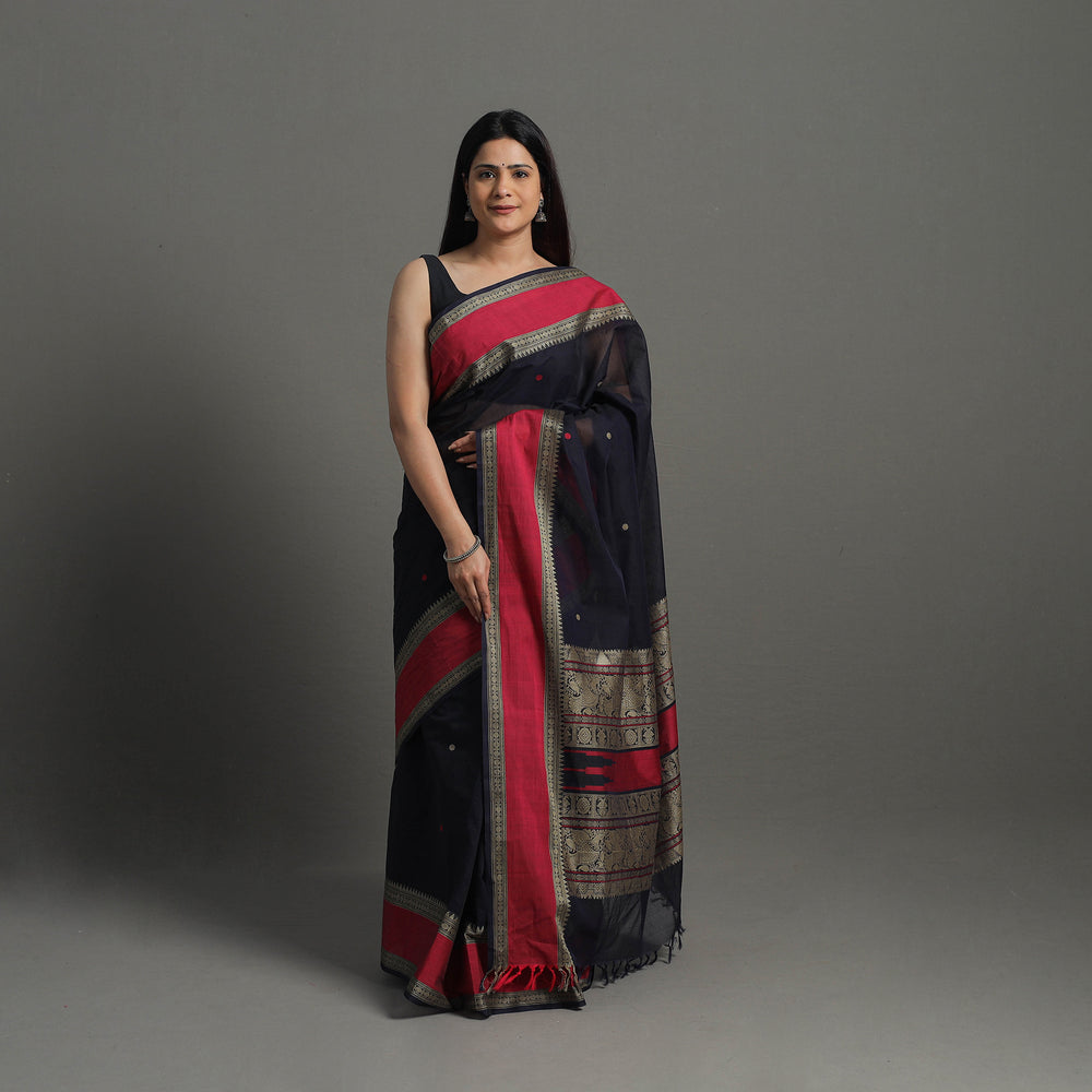 Black - Handloom Cotton Thread Border Kanchipuram Saree 10