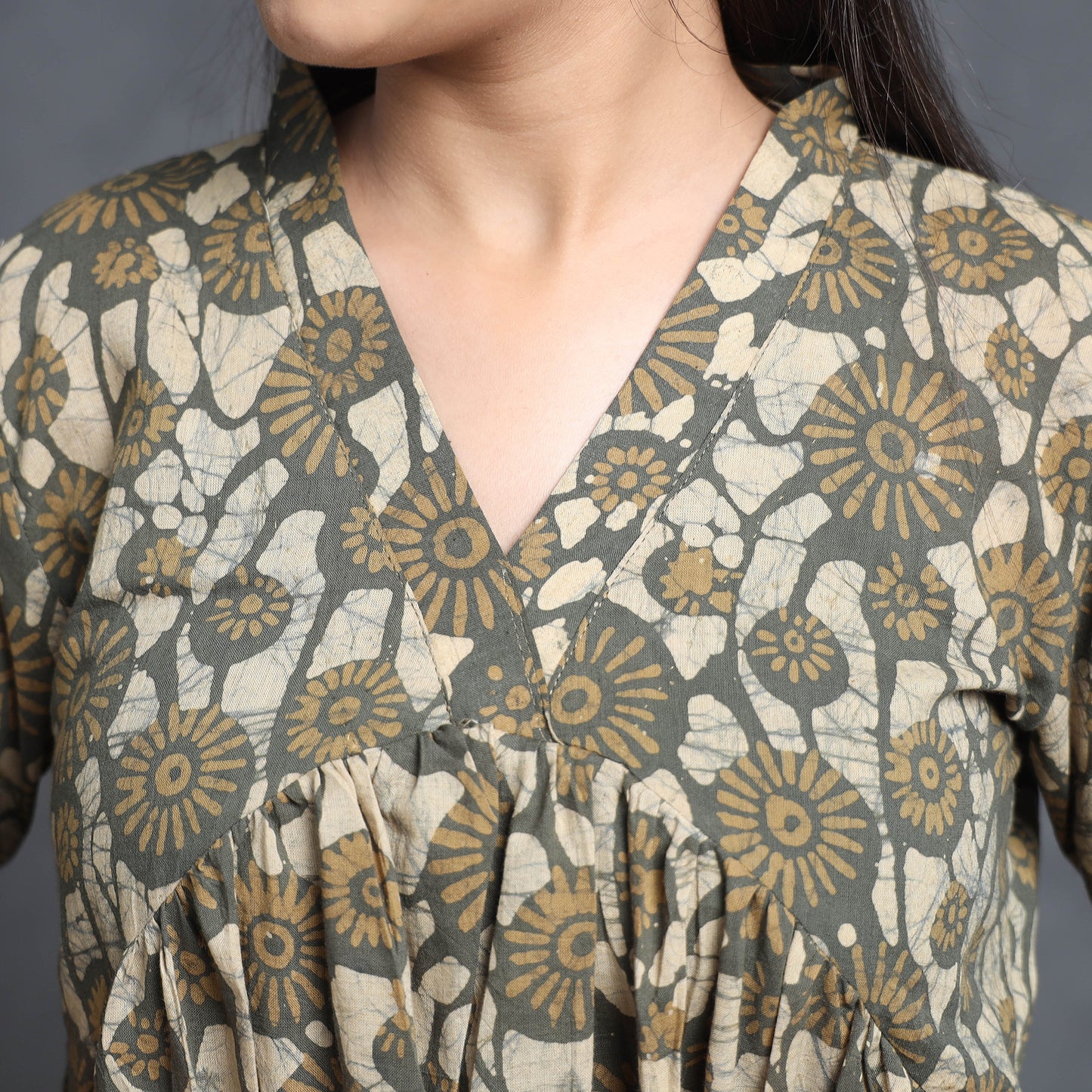 Brown - Hand Batik Printed Cotton Flared Gher Dress