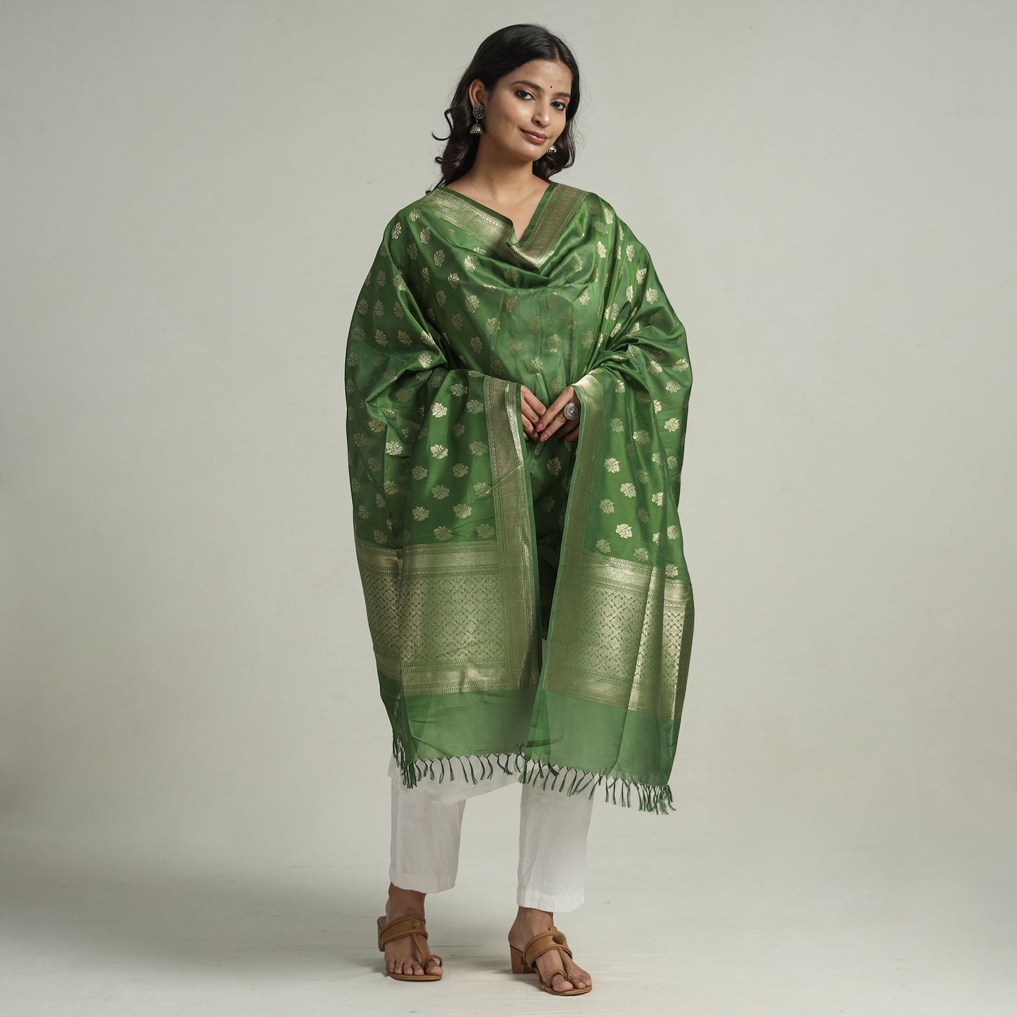 Green - Banarasi Handloom Katan Silk Zari Buti Dupatta with Tassels 63