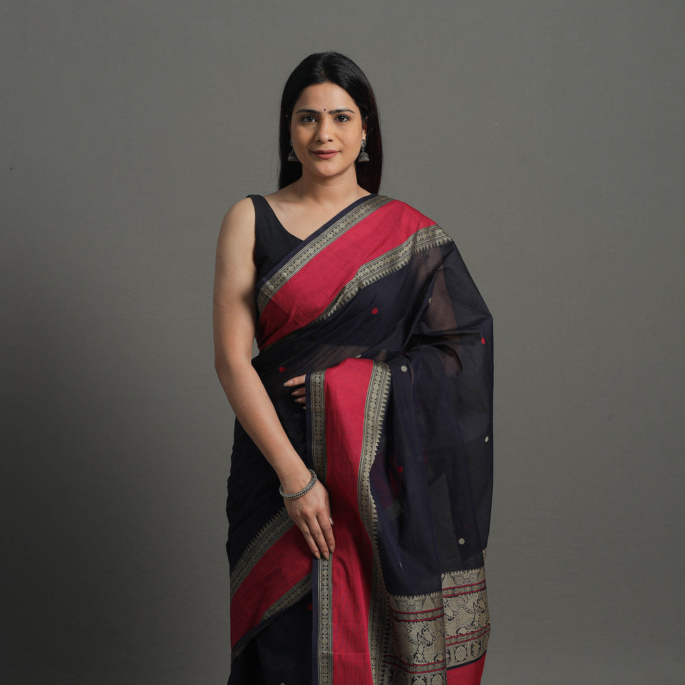 Black - Handloom Cotton Thread Border Kanchipuram Saree 10