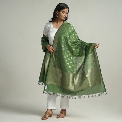 Green - Banarasi Handloom Katan Silk Zari Buti Dupatta with Tassels 63