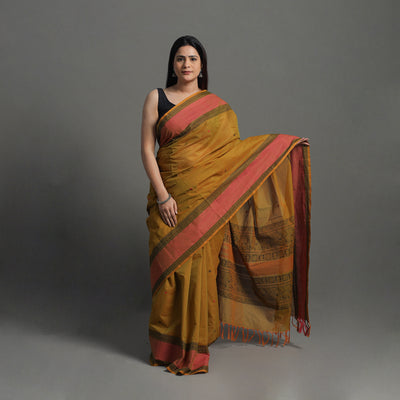 Brown - Handloom Cotton Thread Border Kanchipuram Saree 11