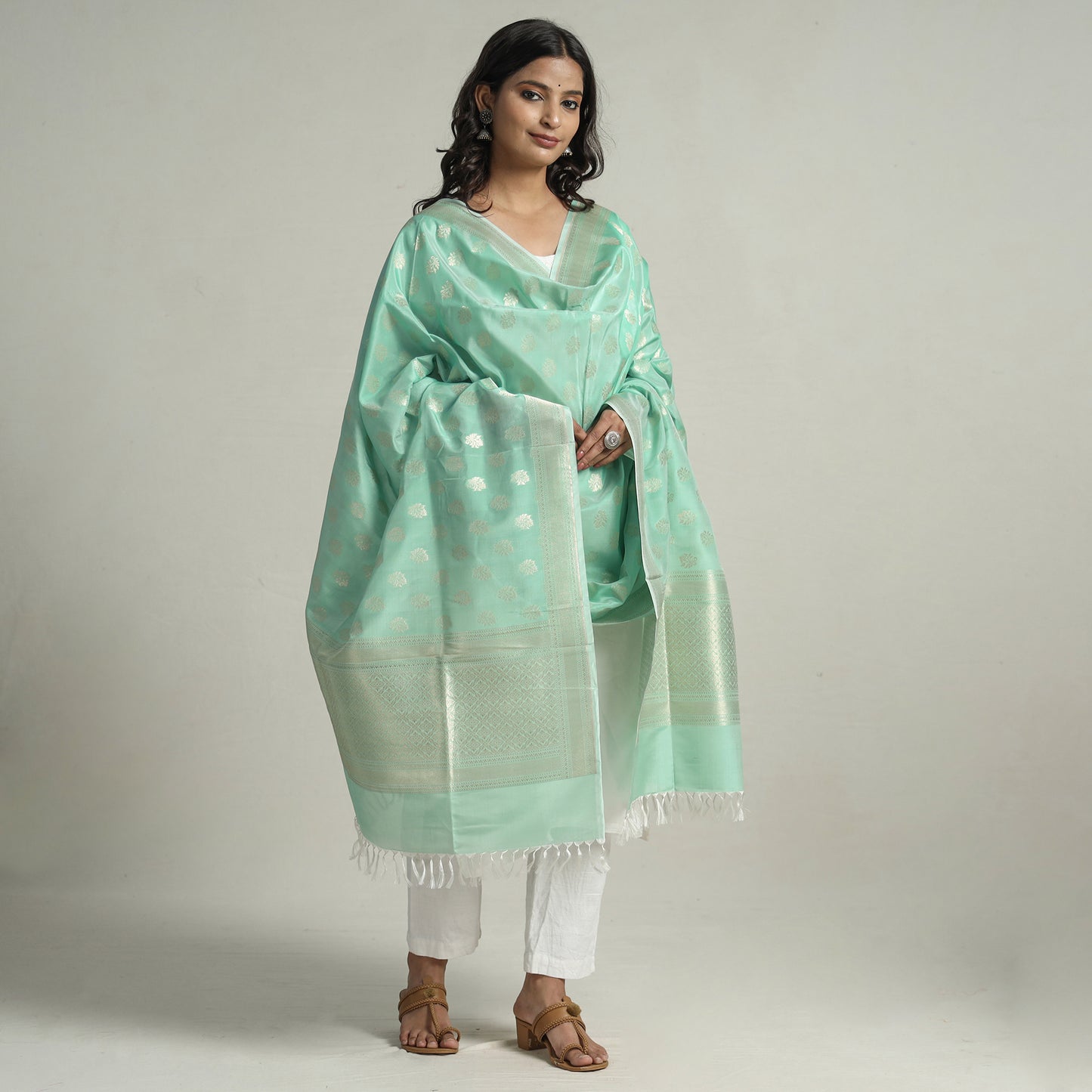 Green - Banarasi Handloom Katan Silk Zari Buti Dupatta with Tassels 64