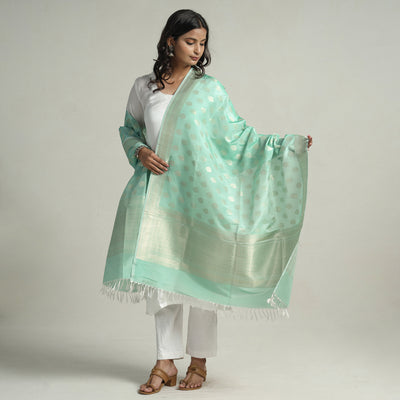 Green - Banarasi Handloom Katan Silk Zari Buti Dupatta with Tassels 64
