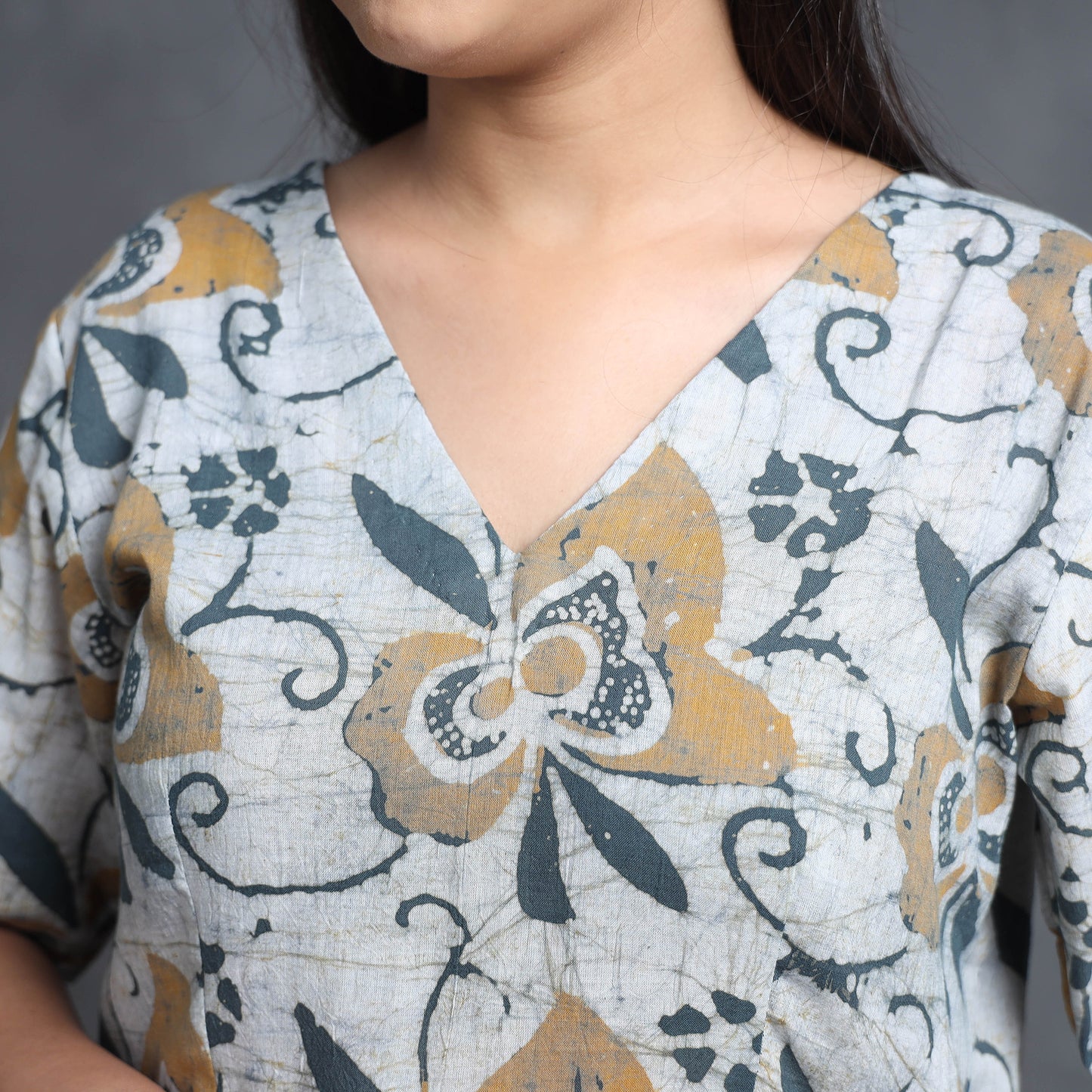 Multicolor - Grey - Hand Batik Printed Cotton Flared Gher Dress