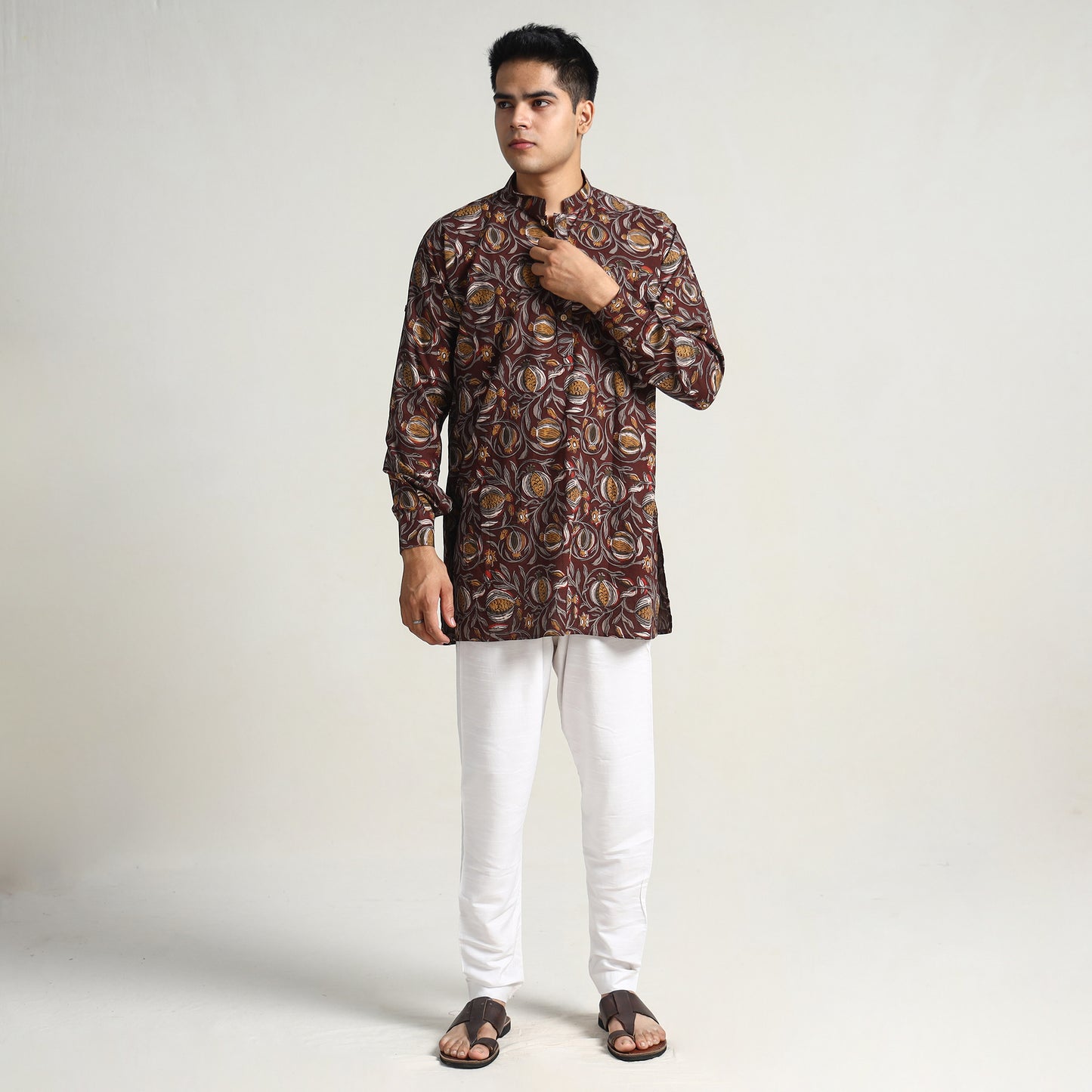 Brown - Bagru Block Printed Cotton Men Short Kurta 07