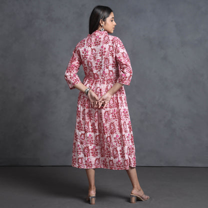 Pink - Hand Batik Printed Cotton Flared Gher Dress