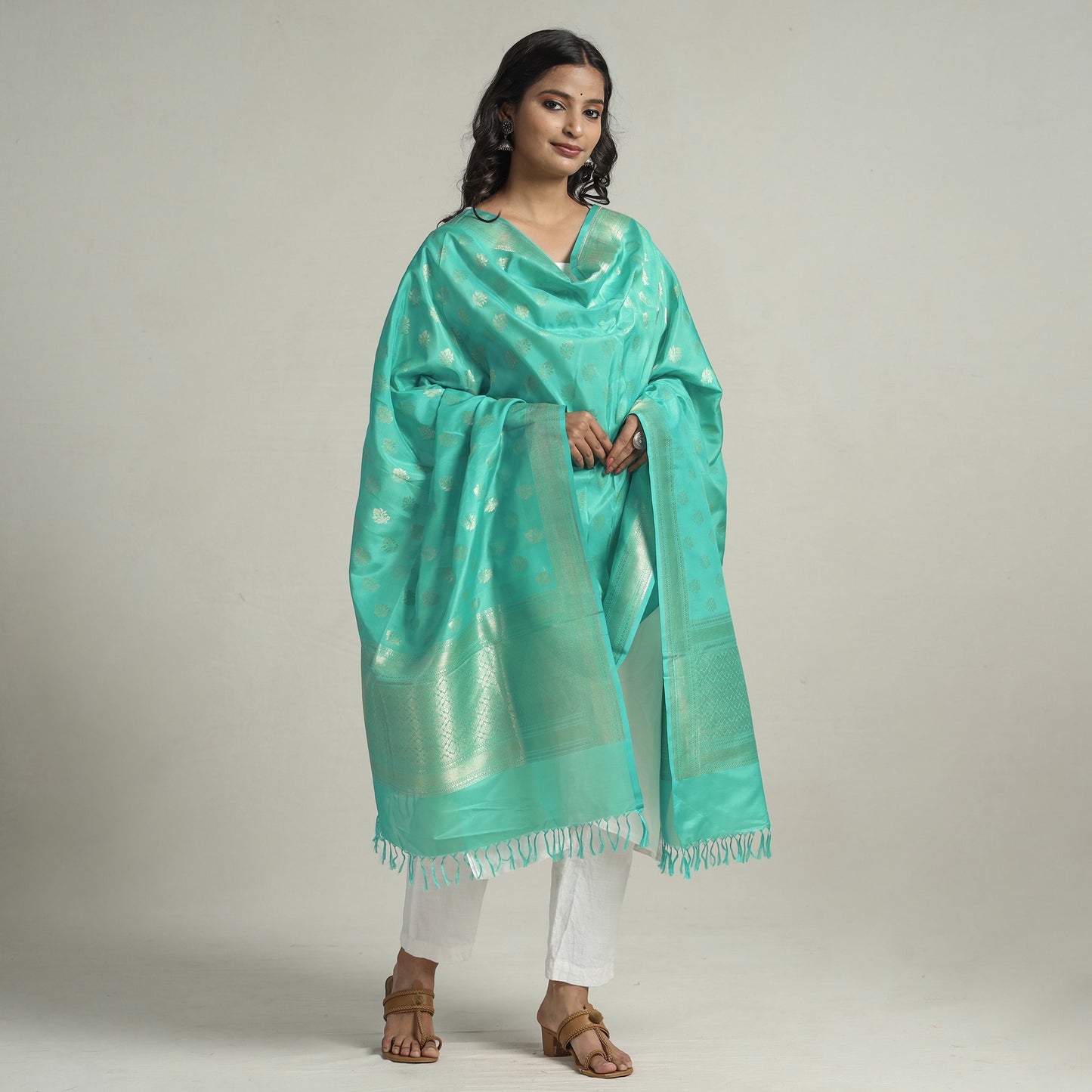 Green - Banarasi Handloom Katan Silk Zari Buti Dupatta with Tassels 66