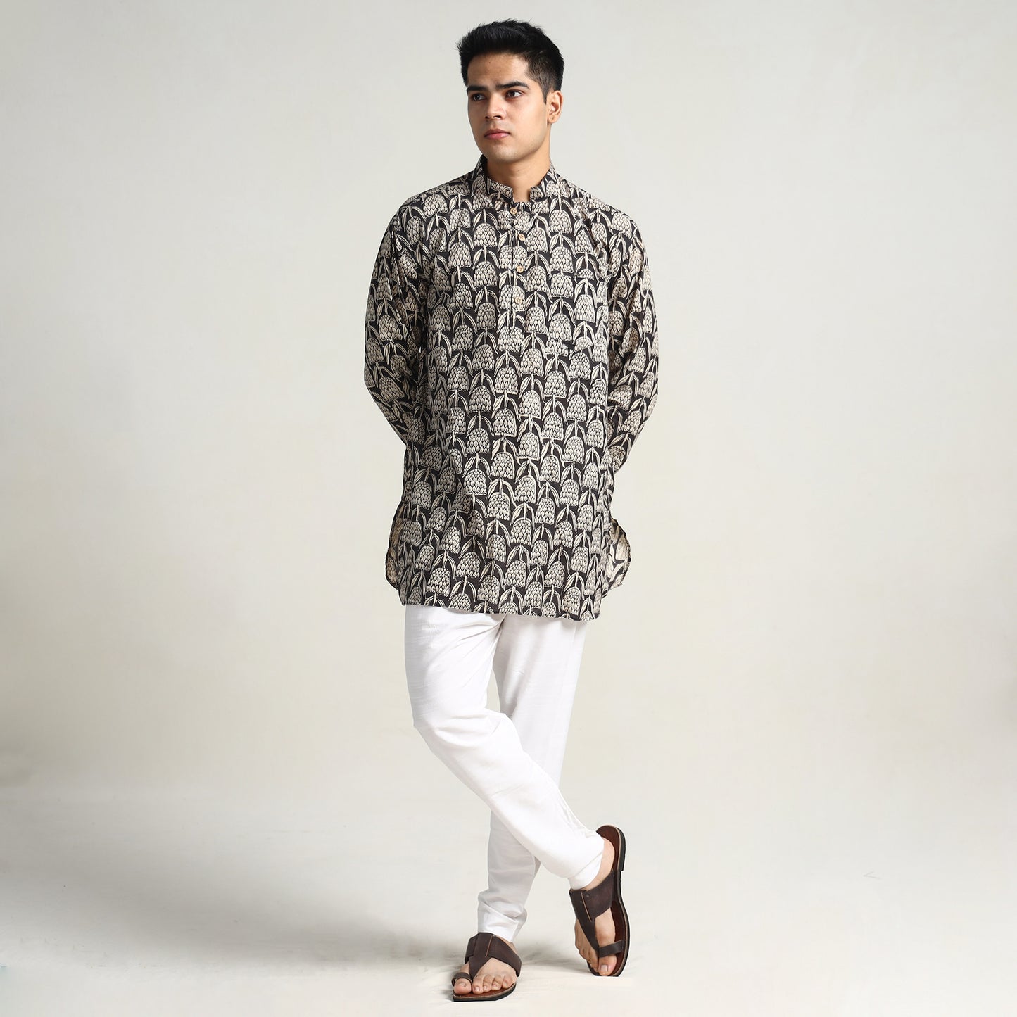 Black - Bagru Block Printed Cotton Men Short Kurta 15