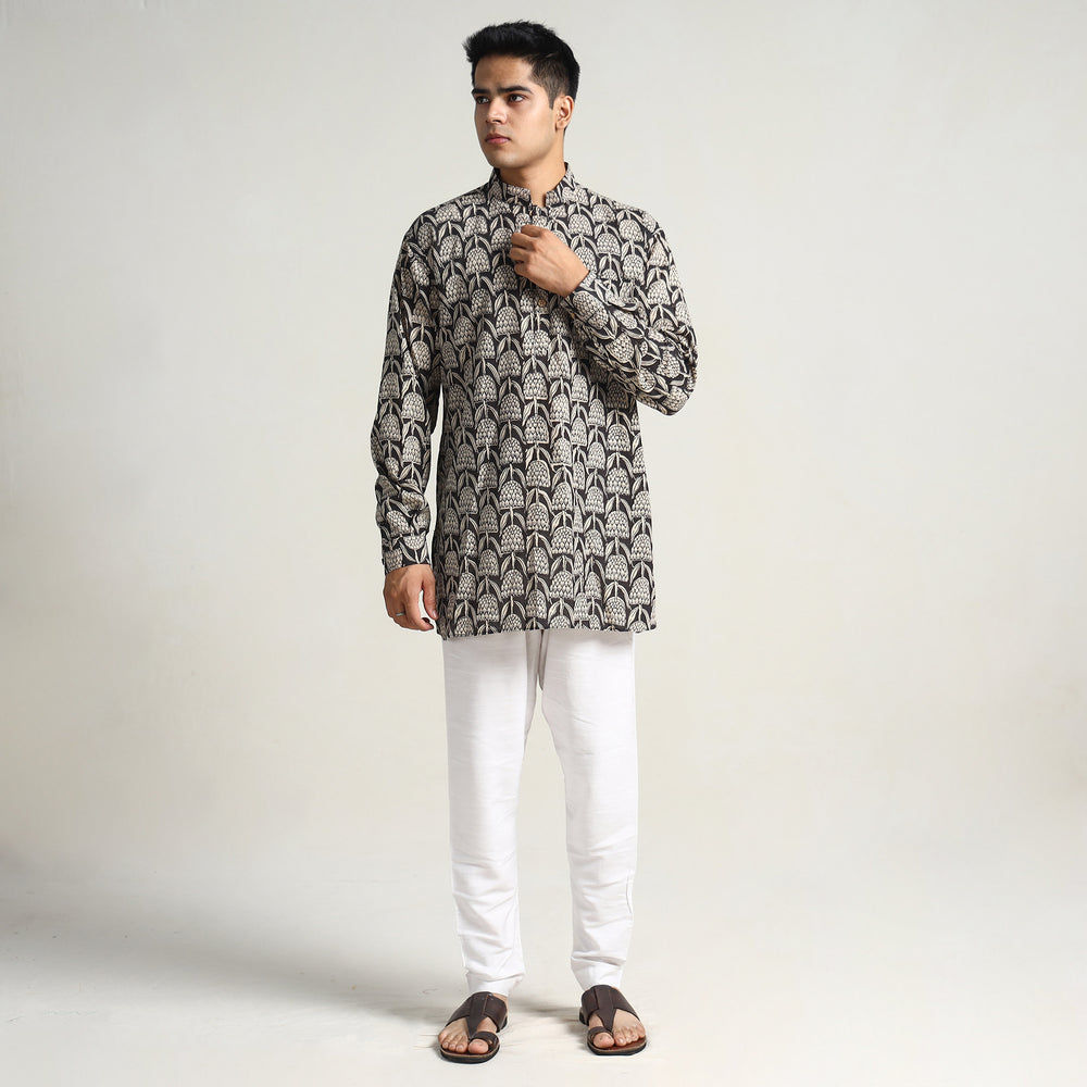 Black - Bagru Block Printed Cotton Men Short Kurta 15